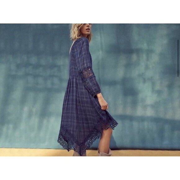 AKEMI + KIN ANTHROPOLOGIE Codie Kerchief DRESS Crochet Trim Blue Plaid Size - Picture 2 of 16